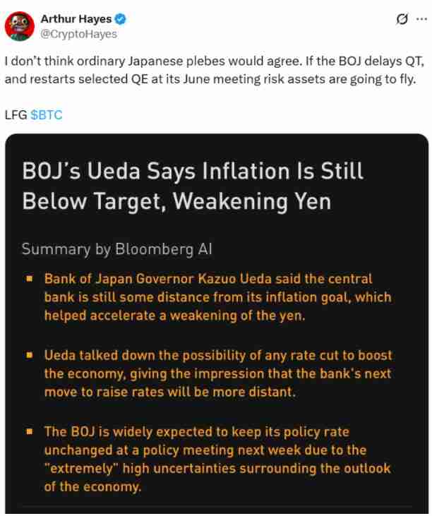 Arthur Hayes分析:日本银行转向量化宽松政策可能助推比特币(BTC)上涨