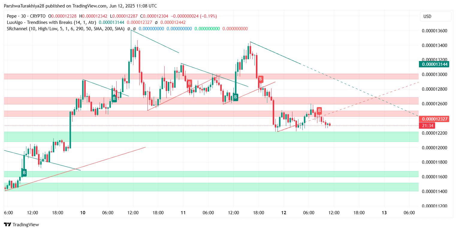 2025年6月13日PEPE价格预测:多头瞄准0.00001320美元,关键支撑位维持在0.00001220美元